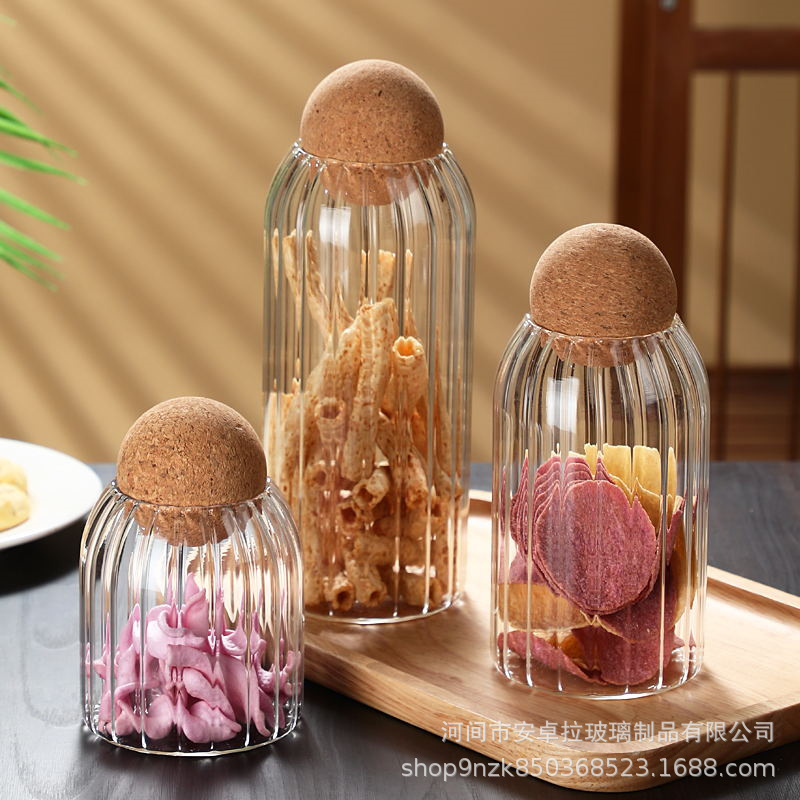 Customized cork stopper glass storage jar, matte striped flower tea display bottle, candy jar, coffee bean storage jar Specification drawing