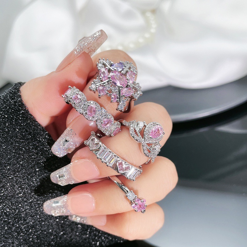 French light luxury pink diamond sweet and cool star full diamond open ring, a woman's Instagram cold style, exquisite quality, layered ring details Picture