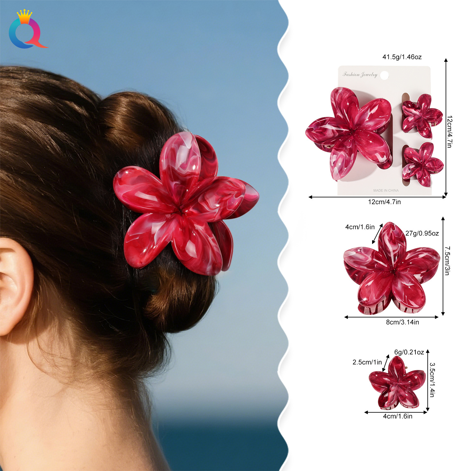 Qiyue Cross-border Best-selling Frangipani hairpin Set, vacation flower hairpin, shark hairpin for the back of women's heads Specification drawing