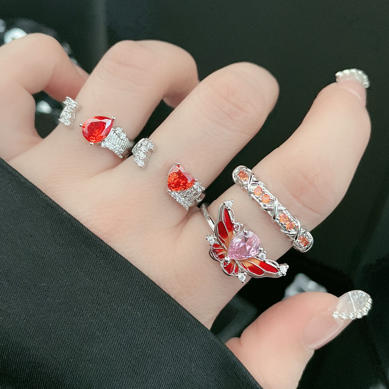 New Chinese-style red diamond open ring for women, sweet and cool style, ins cold style butterfly drip glaze style ring trend Specification drawing