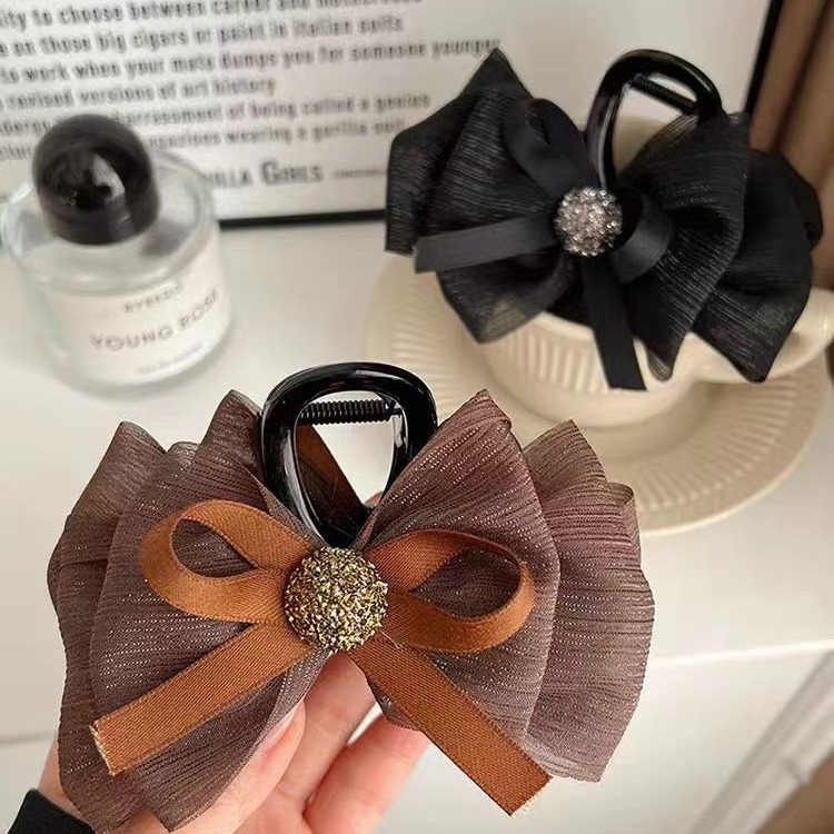 Red bow hairpin New Year hair accessory with a high-end atmosphere, ins cloud sparkling diamond black butterfly grab hairpin Specification drawing