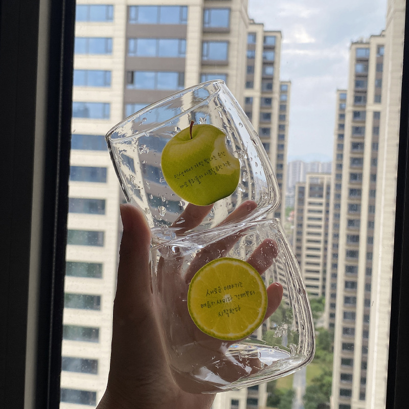 Korean ins natural style green apple lemon glass water cup, fresh and heat-resistant juice cup, simple and artistic milk cup details Picture