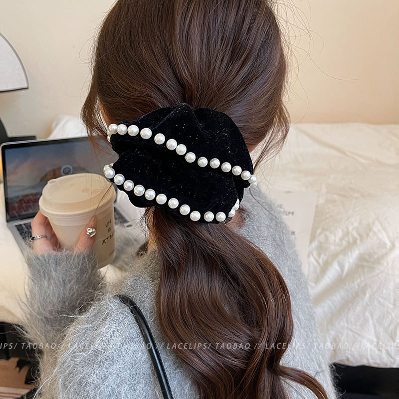 Ankela red velvet Heavy Industry pearl Large Intestine hair tie Headband for women, high-end style, ponytail bun hair tie Specification drawing