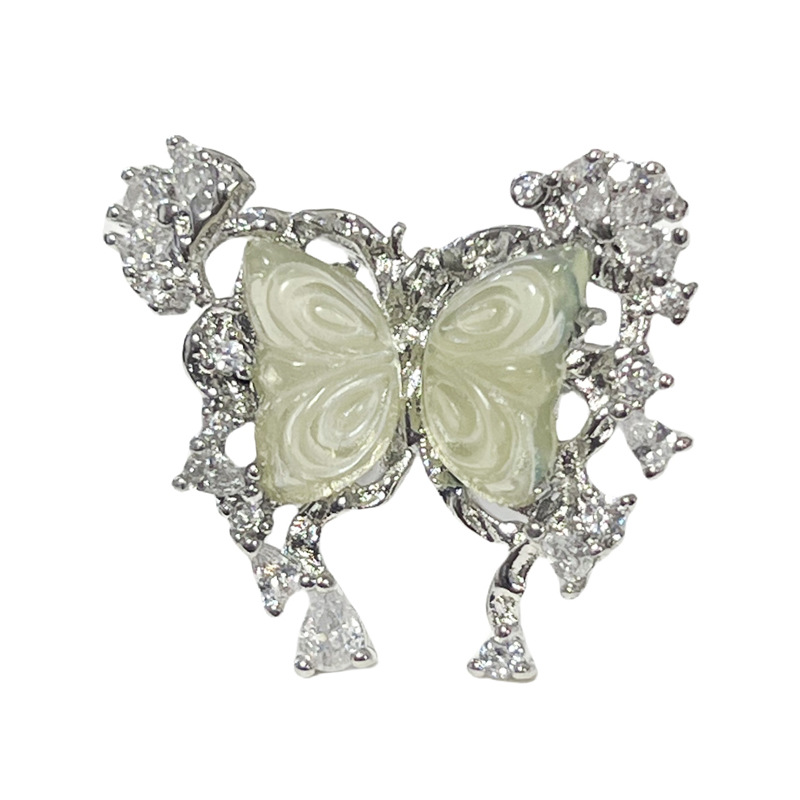New Chinese-style court-style chalcedony butterfly high-end ring, women's hollowed-out light luxury water drop sea blue zircon exquisite ring Item Picture