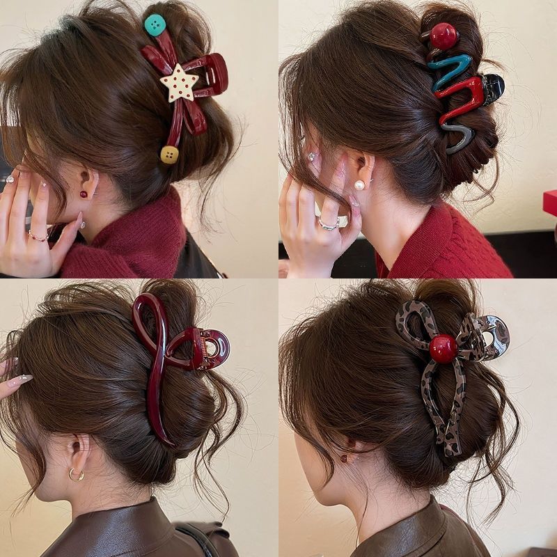 Ankara red bow star-shaped hairpin for the back of the head with a large amount of hair, shark hairpin new Spring and summer niche fashion hair accessory full figure