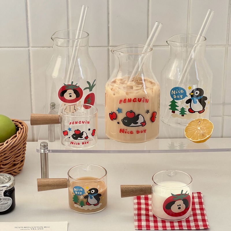 Cute Ins-style glass cups, high borosilicate milk cups, glass straw cups, large-capacity drinking cups for girls in summer Specification drawing