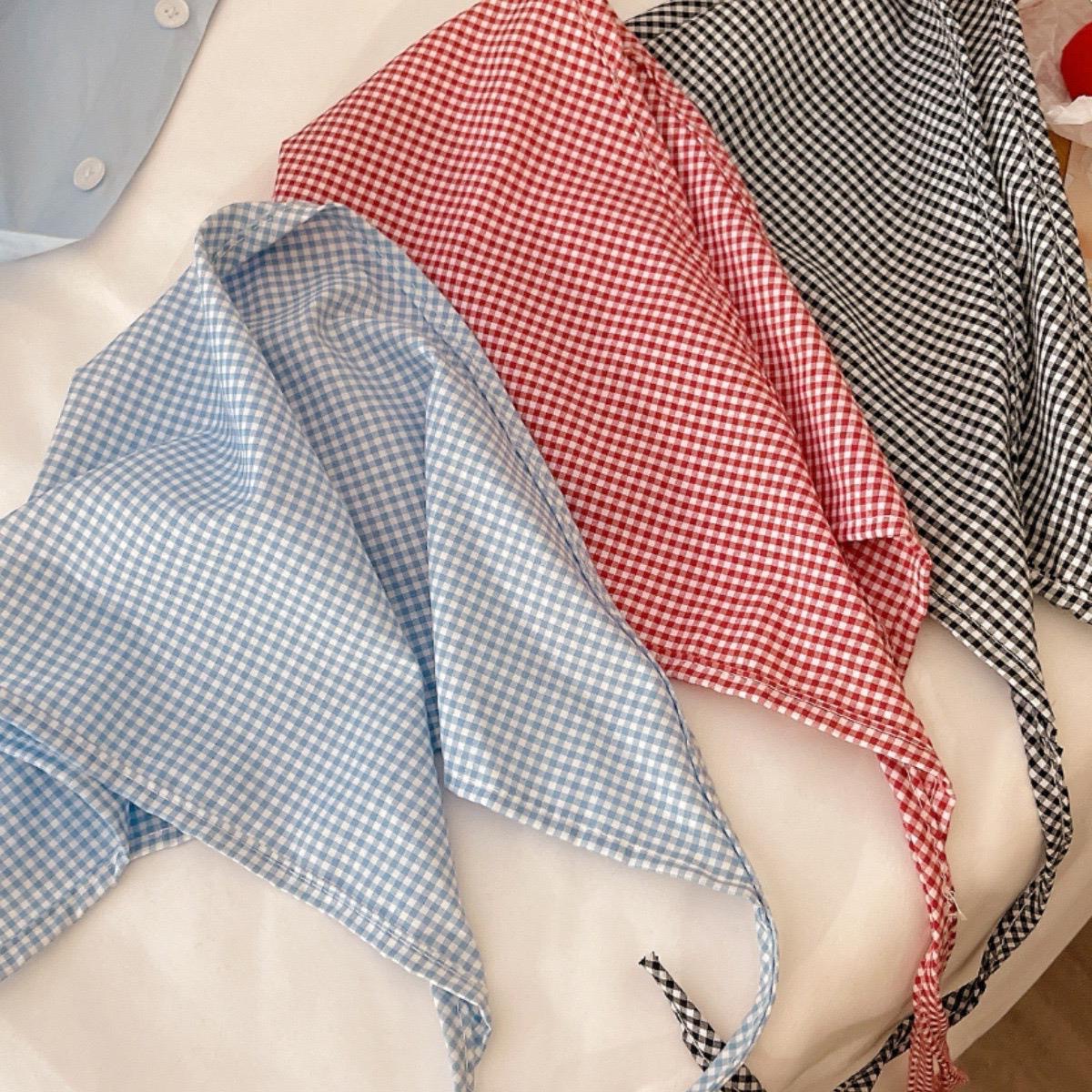 2025 New checkered headscarf with a high-end look, triangular scarf, sweet and girlish hair band, summer hot girl silk scarf accessory full figure