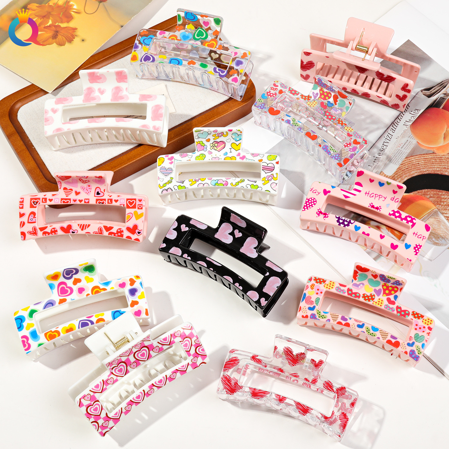 Qiyue Cross-border Valentine's Day Love Hair Clip, simple printed bun hair clamp, high-end shark clip hair accessory wholesale full figure