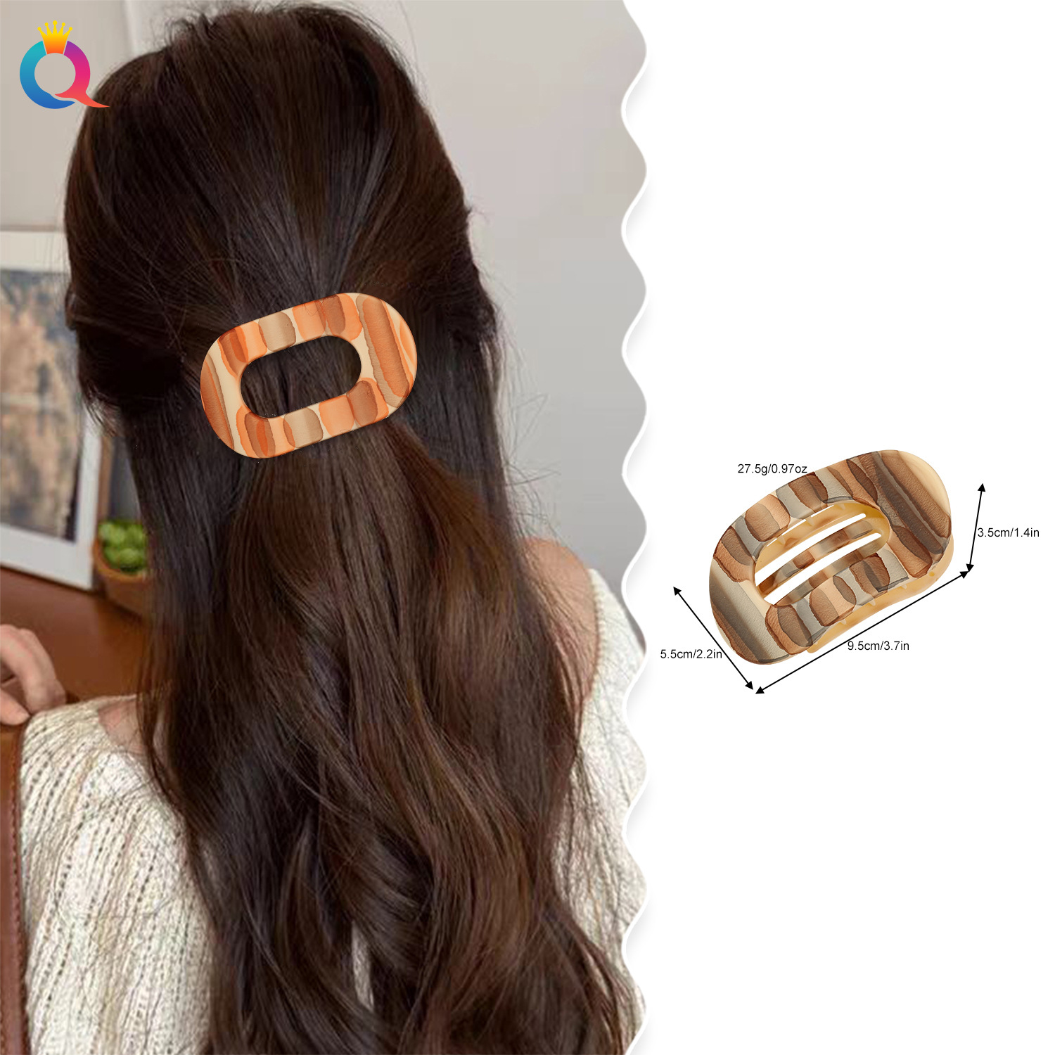 Qiyue's new hand-painted iride-colored oval PC hair clips, women's high-end matte flat scratch-off clips, ponytail duckbill clips details Picture
