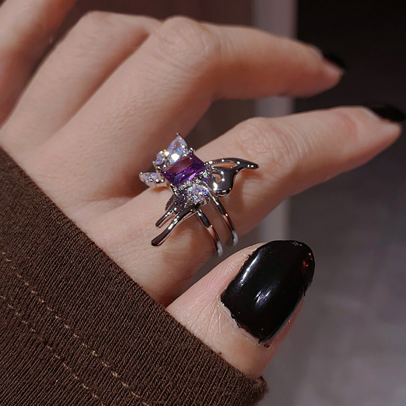 A niche design with a hollowed-out butterfly and a delicate purple zircon open ring for women on Instagram, featuring a cold and stylish personality Specification drawing