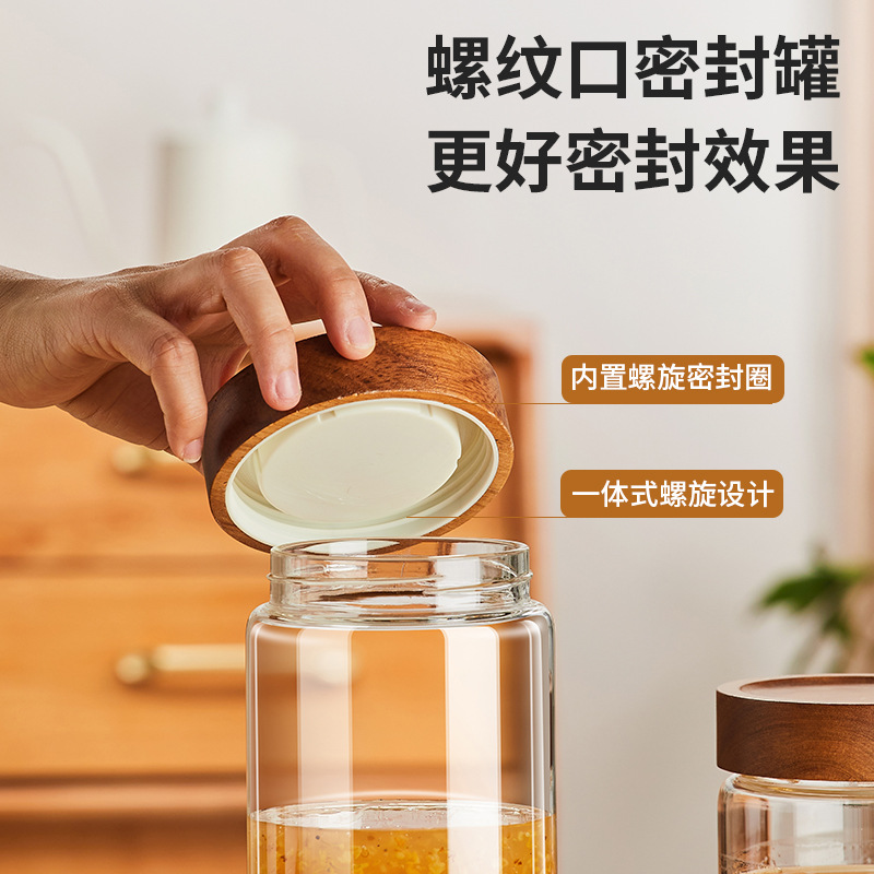 Glass honey sealed jar, household fresh-keeping food grade with lid, canned jam, bird's nest, acacia wood storage jar details Picture