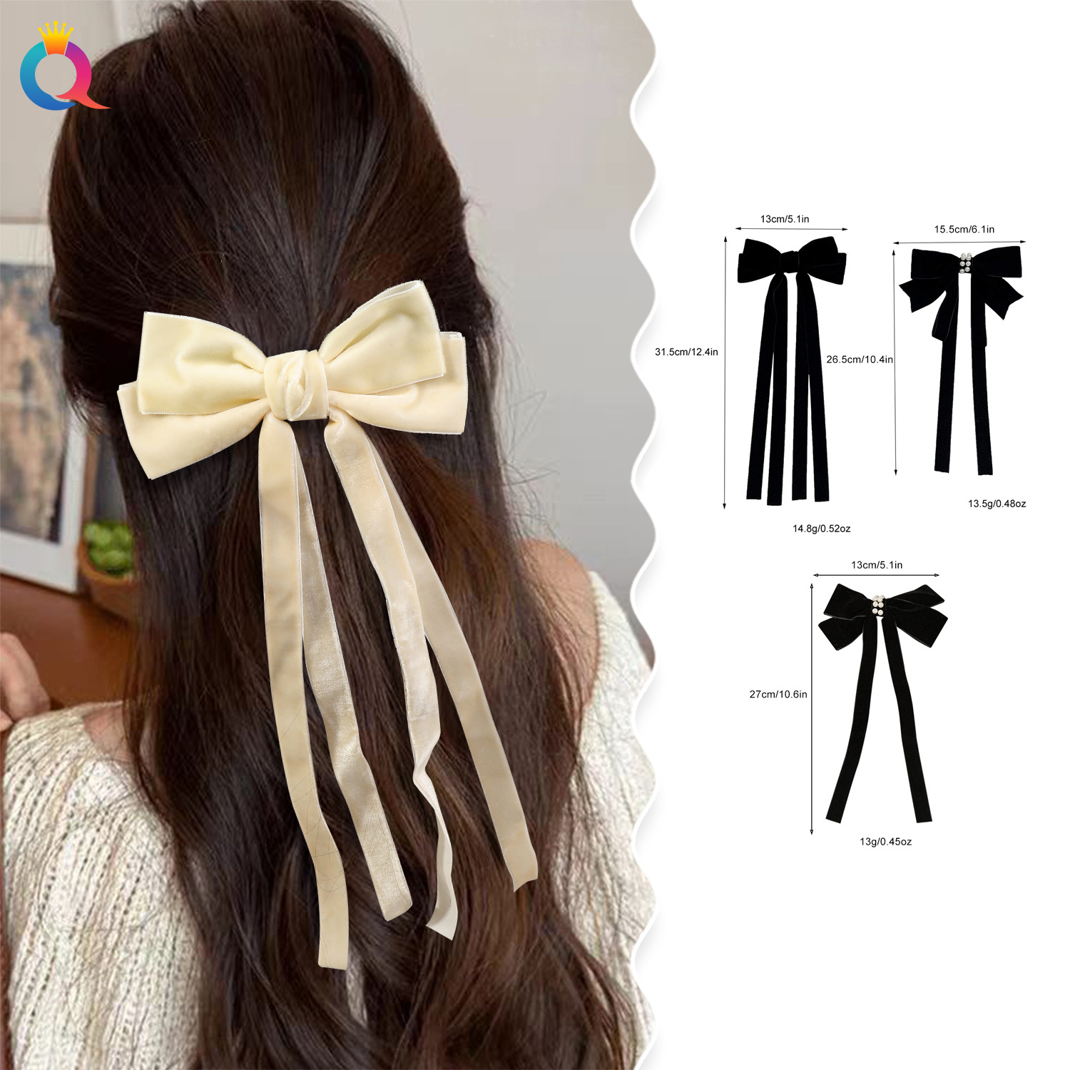 Qiyue Cross-border Velvet Bow Ribbon Hair clips, autumn and winter updo, back of the head hair tie, duckbill clips hair accessories wholesale details Picture