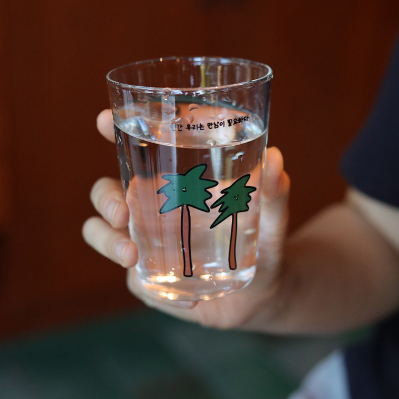 Self-made retro cartoon fun coconut tree glass cup, simple Chinese-style juice cup, cute cold drink cup, double-layered cup Item Picture