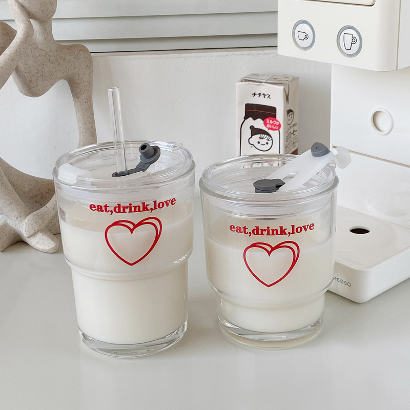 Korean InS-style heart-shaped bamboo joint cups, girlish glass cups, cute water cups, student straw cups, large-capacity cups details Picture