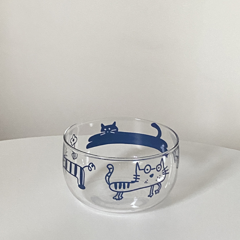 Niche Korean ins fun and cute cat glass bowl with lines, high-temperature resistant cartoon high borosilicate fruit bowl, yogurt bowl full figure