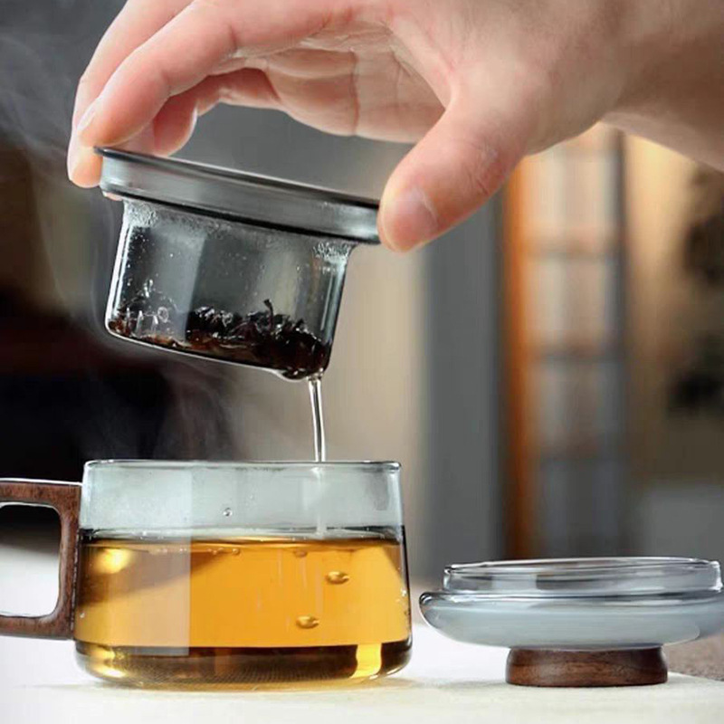 High borosilicate glass teapot, household tea sets, walnut wood glass teapot, household brewing teapot, tea sets, glass teapot details Picture