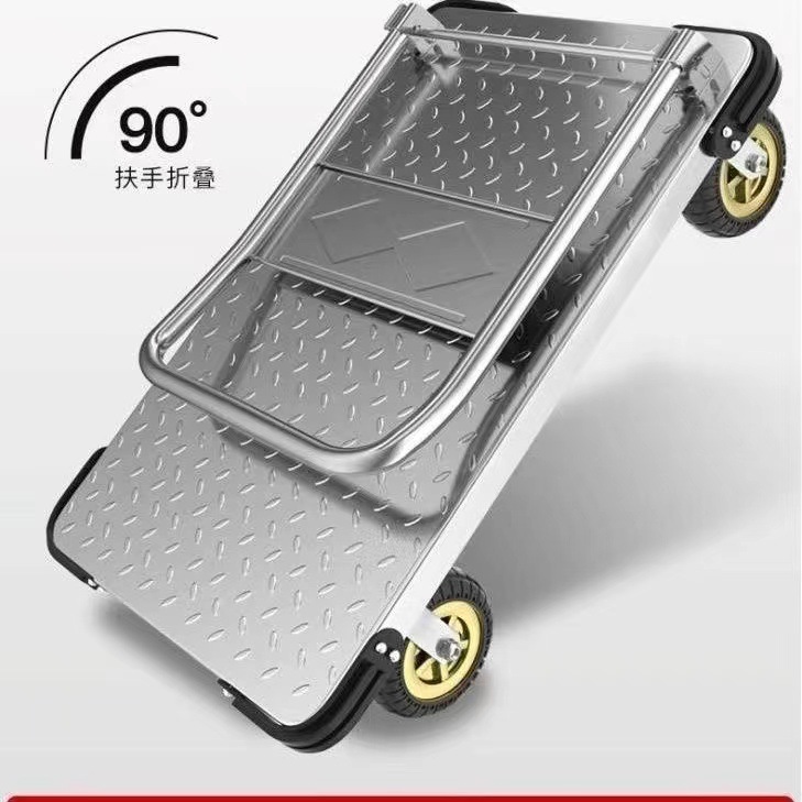 Steel plate hand cart, four-wheel silent handling cart, express delivery loading cart, flatbed cart, small cart, folding trailer, pushing and pulling cart details Picture