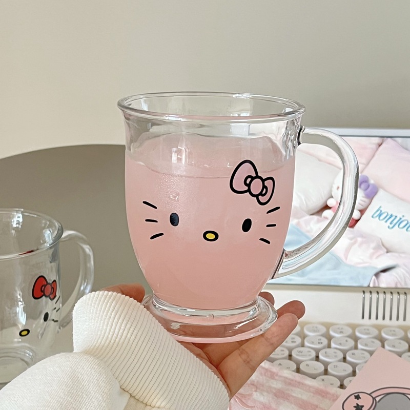Cute KT glass cups with handles, Ins-style home coffee cups, milk water cups, and high appearance standards Specification drawing