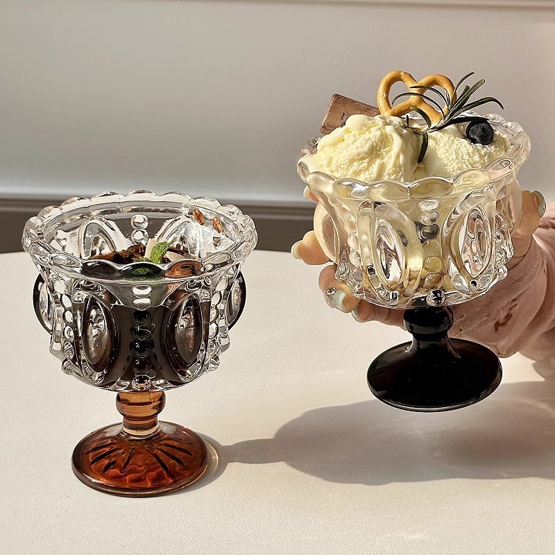A niche, light luxury, retro black crystal ice cream highball cup with a high level of appearance and embossed dessert cup, a household drink cup Application Scenario