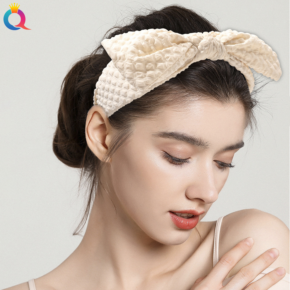 Qiyue Korean Waffle bow tie hair band, versatile headband for going out, updo hair accessory, solid color wide edge hair clip Specification drawing