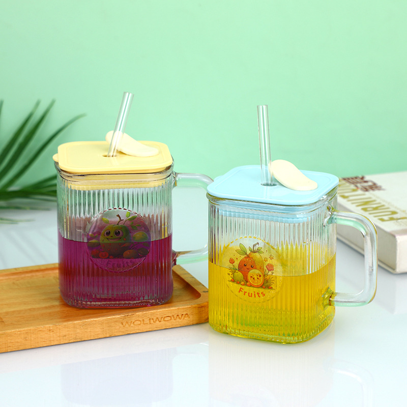 Wholesale of InS-style square glass cups with handles, household water cups with straws, milk cups, coffee cups, and transparent cups details Picture