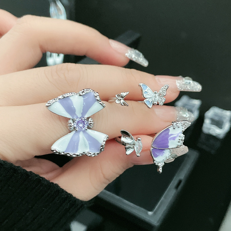 Cross-border fashion sweet and cool butterfly purple drip glaze open ring, women's Instagram cold style light luxury high-end index ring Specification drawing