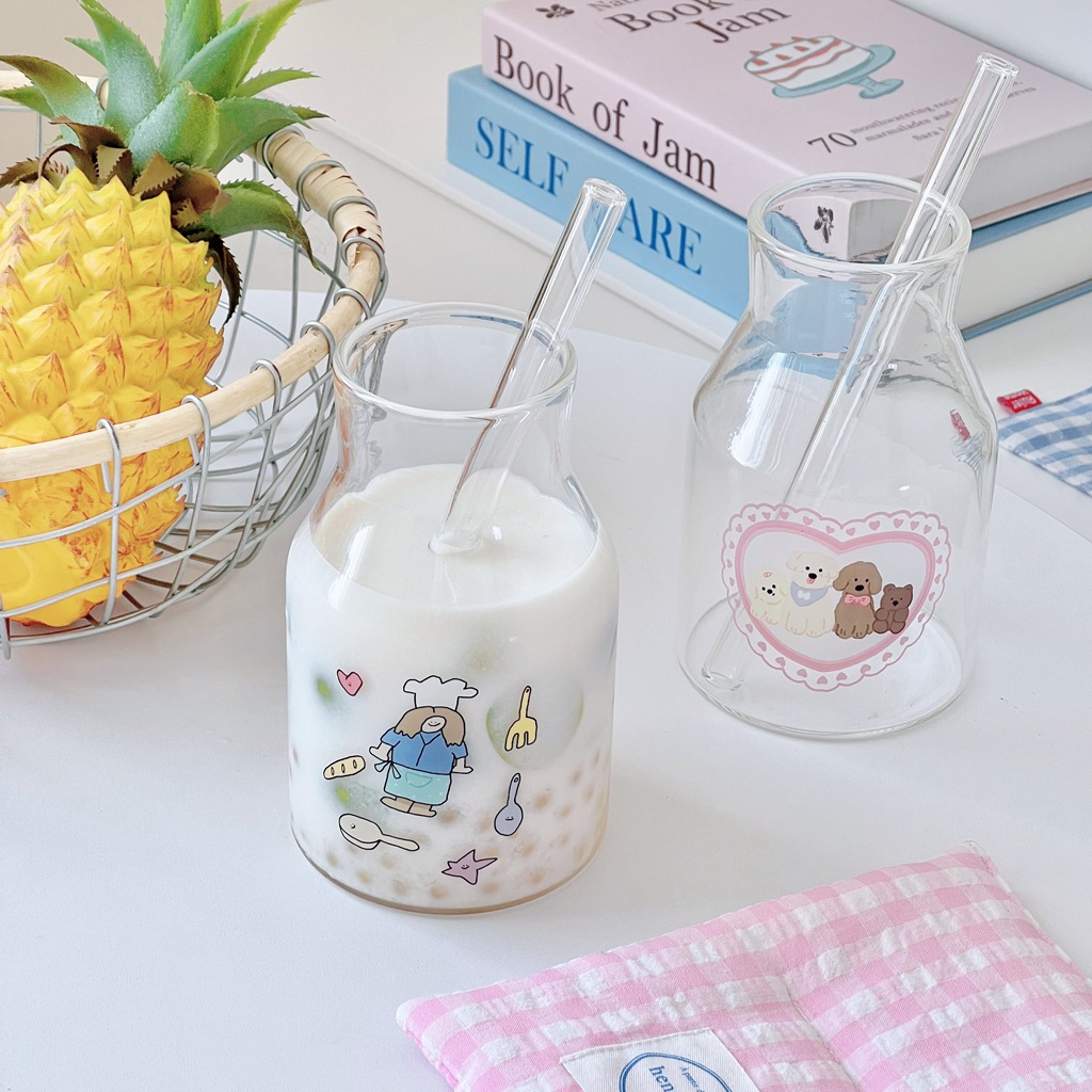 ins girlish heart glass cup, simple girls' juice cup, milk cup, coffee cup, cold brew glass bottle cup full figure