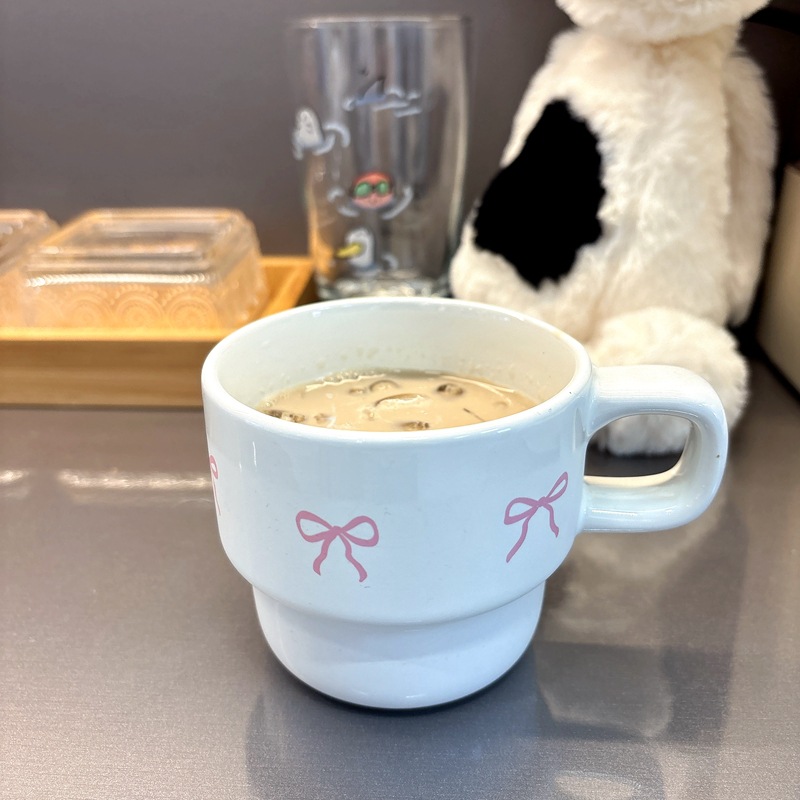 Ins-style girlish bow ceramic cup, coffee cup, cold brew cup, breakfast cup Specification drawing