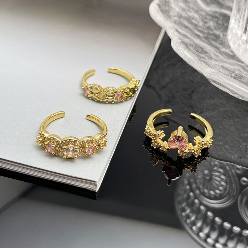 New court-style pink diamond micro-set retro open ring for women, full diamond, light luxury, high-end, sweet and cool exquisite index finger ring Specification drawing