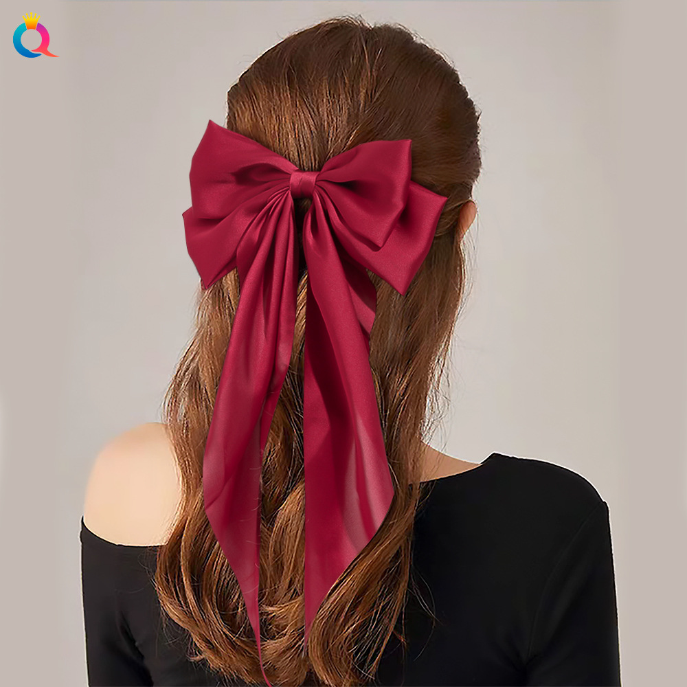 The new cross-border bow ribbon hair clip from Qiyue Korean Edition is a simple and elegant silk silk spring clip hair accessory at the back of the head Specification drawing