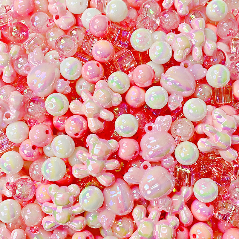 Wholesale of diy accessories such as beaded and scattered acrylic pink series luminous bear rabbit bracelets and mobile phone chains Specification drawing
