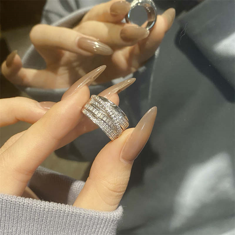 French light luxury and niche design, full diamond zircon ring, a popular heavy industry, shiny multi-layer food ring, adjustable for fashion full figure