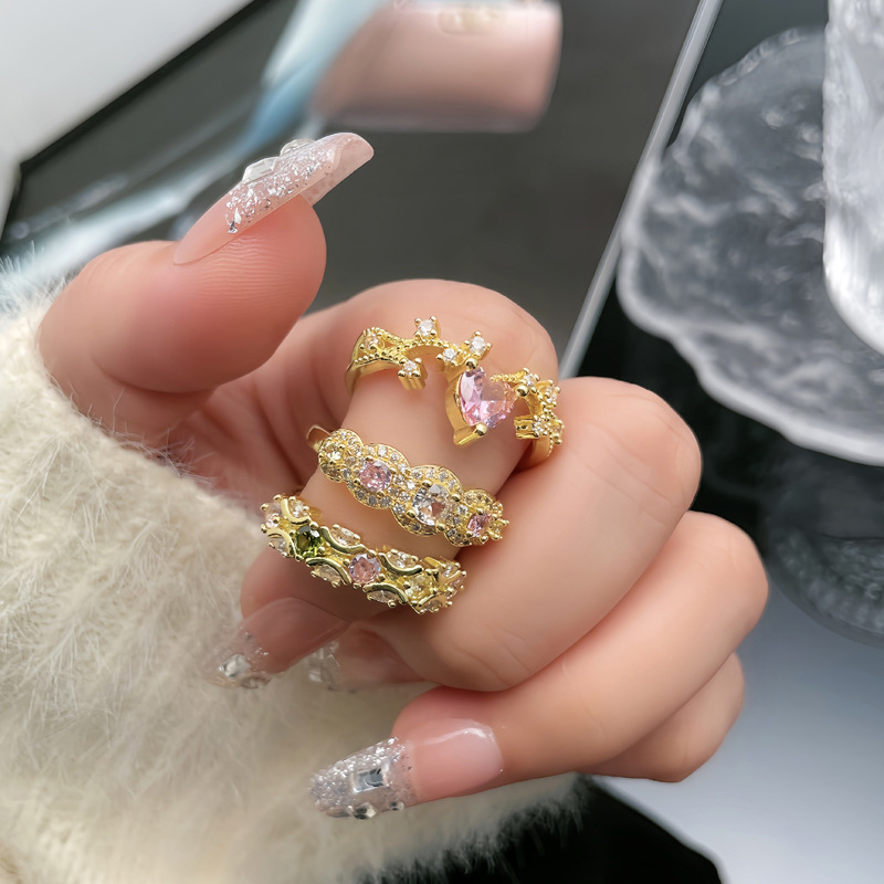 New court-style pink diamond micro-set retro open ring for women, full diamond, light luxury, high-end, sweet and cool exquisite index finger ring details Picture