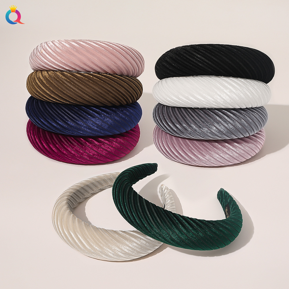 Qiyue Cross-border Sponge Hairband for Women, solid color, wide edge, striped and wrinkled headband, hairpin headwear B144 details Picture