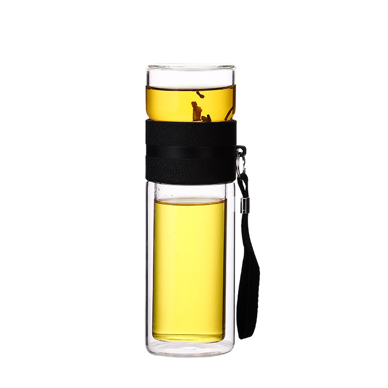 Double-layer tea brewing cup, glass tea water separation cup with handle rope, car-mounted business, high-temperature resistant, portable and waterproof cup Item Picture