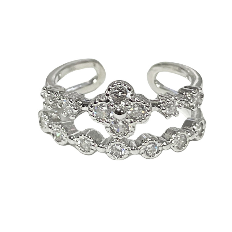 A new Korean-style light luxury four-leaf clover full-diamond open ring for women's Instagram, with a cold and unique style and exquisite index finger ring Item Picture