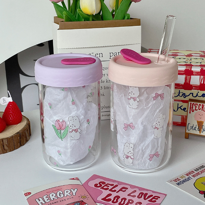 Korean-style tulip rabbit glass straw cup, girl's heart water cup, student drinking cup, glass cup wholesale details Picture