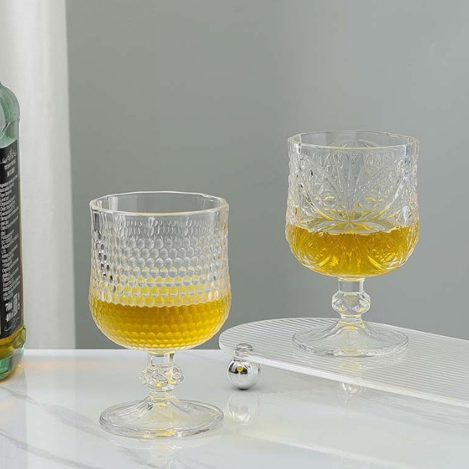 Diamond-embossed glass, crystal low-footed whisky glass, yogurt dessert fruit glass, thickened foreign wine glass, spirits glass Specification drawing