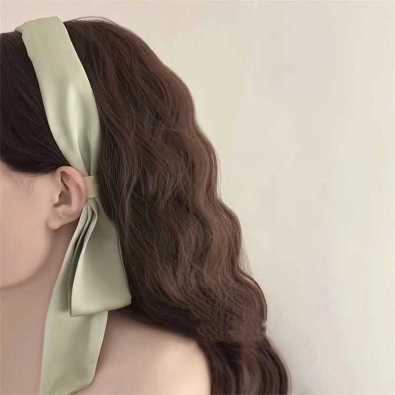 French retro matcha green ribbon hair band, summer one-piece high-end design hair band, hair tie head band hair accessory full figure