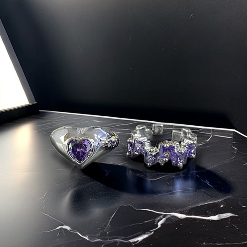 French sweet and cool style purple diamond zircon open ring for women's fashion, individuality, versatility and niche ins index finger ring trend full figure