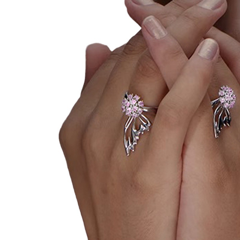 European and American style pink diamond flower wing open ring, sweet and cool, exquisite and fashionable, versatile, ins cold style ring trend Item Picture