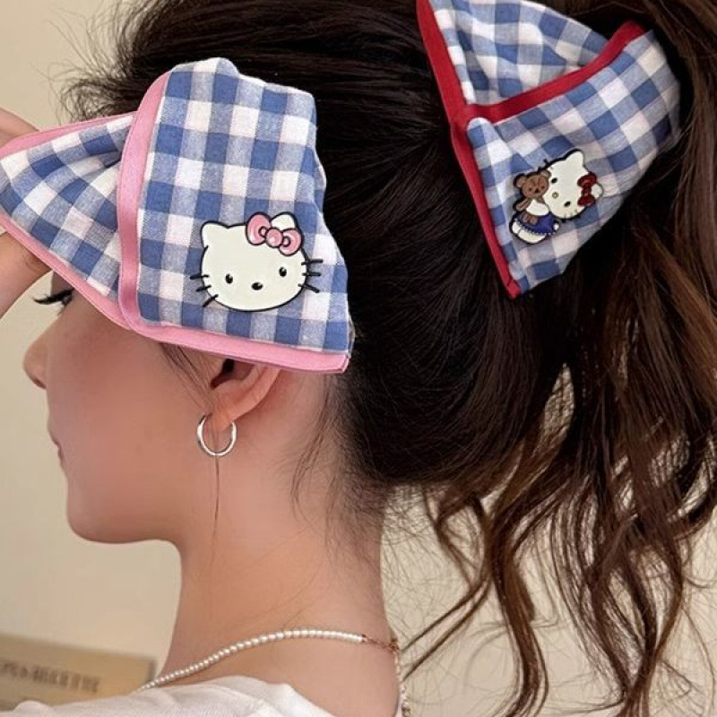 hellokitty hairpin red and blue checkered scratch-off clip for women, cute cartoon kt cat hairpin shark clip details Picture