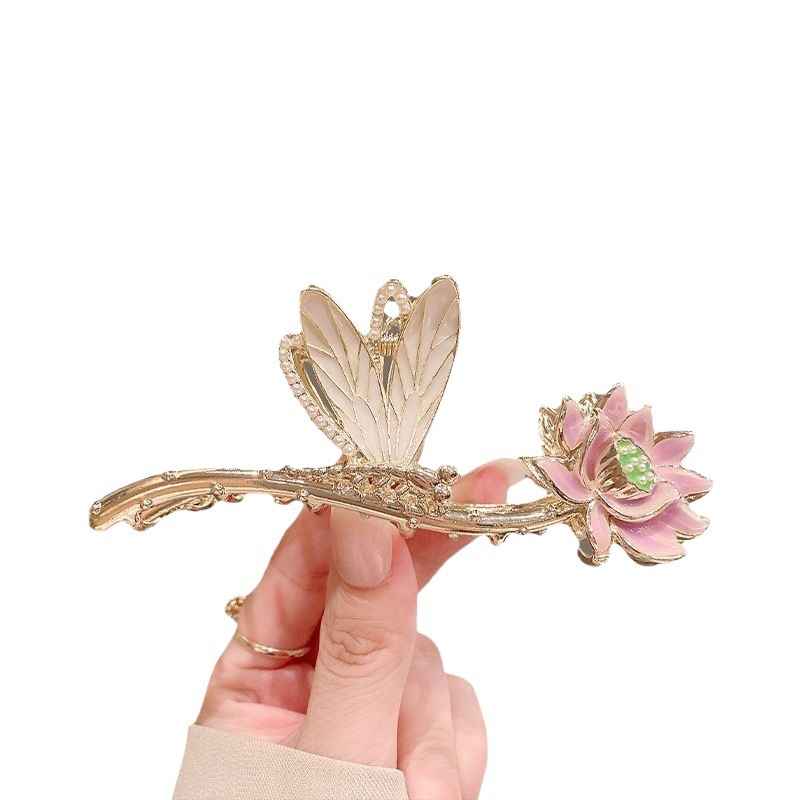 The traditional Chinese style hair clip with fresh lotus flowers, classical elegance and retro style, the children's back head updo shark clip, a high-end feel Item Picture