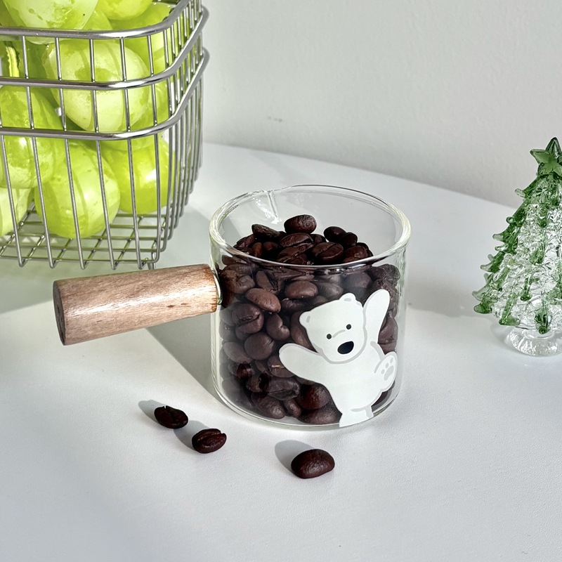 High borosilicate glass coffee measuring cup, small milk cup, household ounce cup with scale, mini coffee cup, wooden handle milk can Specification drawing
