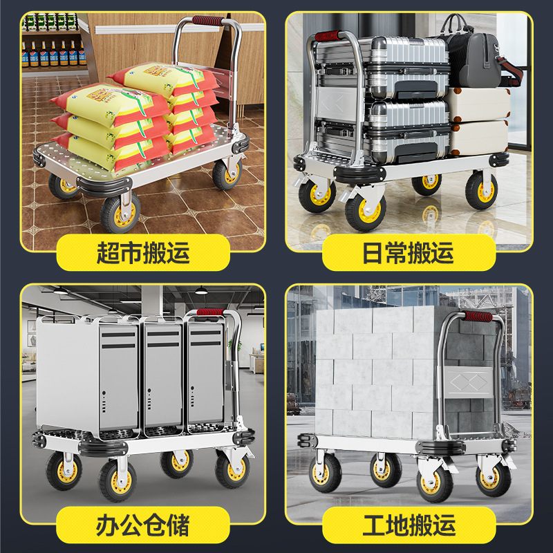 Steel plate trolley, silent hand-pushed and pulled goods handling cart, household flatbed cart, portable trailer, folding tool shopping cart Application Scenario