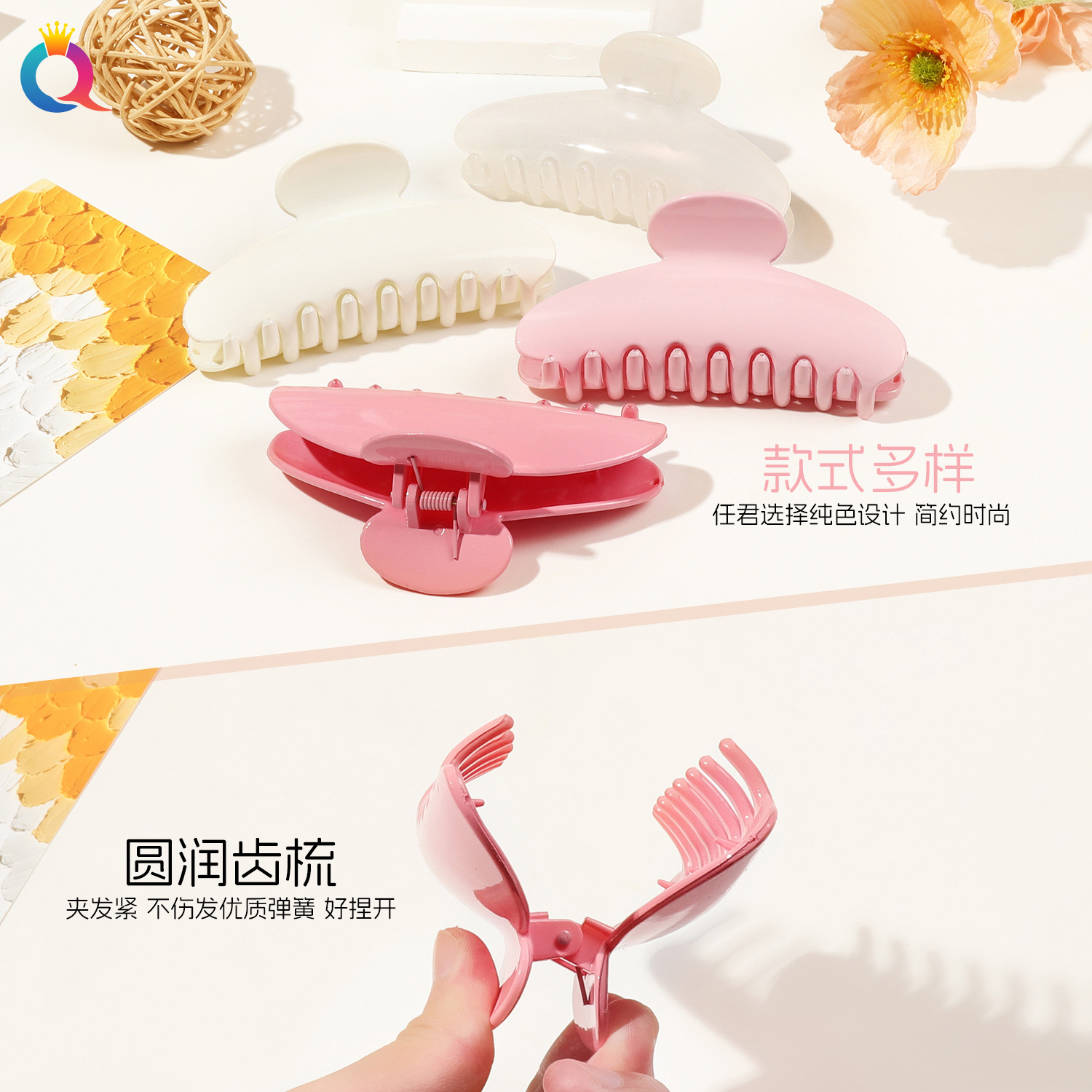 Qiyue high-end light-sensitive semi-circular hair clip, large hair volume, multiple curls, women's solid color, elegant shark clip hair accessory details Picture