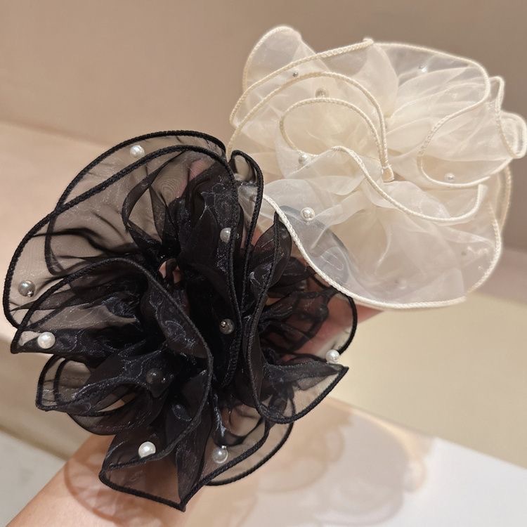 The new Korean organza sweet and ethereal stud pearl large intestine loop hair tie, double-layer lace bun hair tie full figure