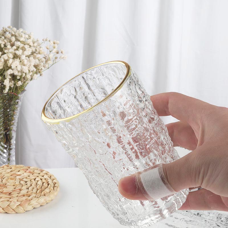 Creative bark-patterned glass cup, transparent hotel commercial light luxury high-end milk cup, high appearance level ins feng shui cup Application Scenario