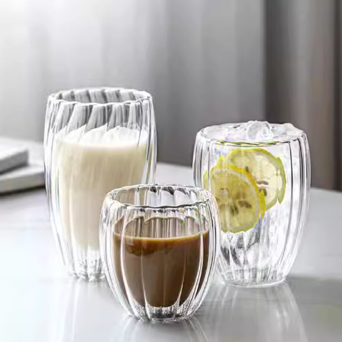 Striped water cup, high borosilicate glass vertical striped double-layer cup, household double-layer heat-insulating drinking cup, juice cup, beverage cup full figure