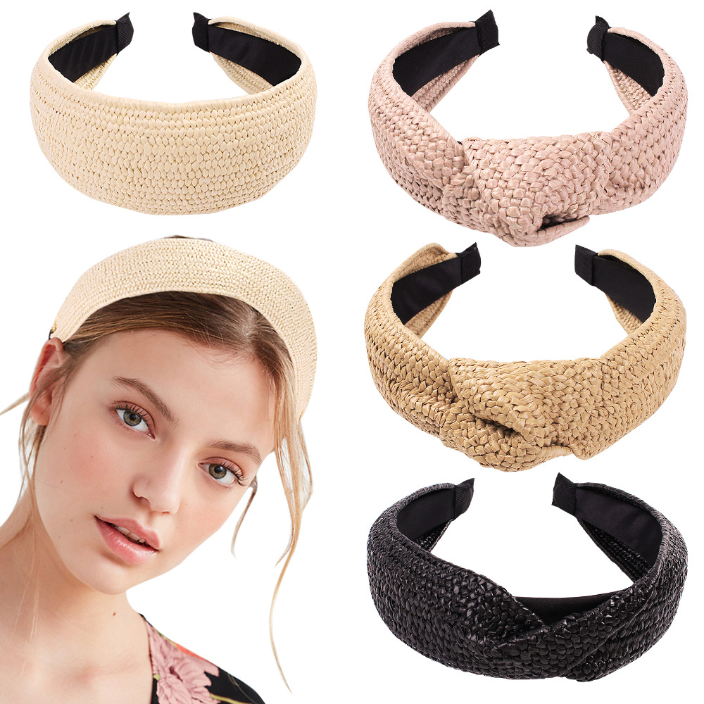 Qiyue Korean version fashionable and elegant straw-woven Lafite headband, hairpin headwear, European and American simple wide edge fresh knot hairband full figure